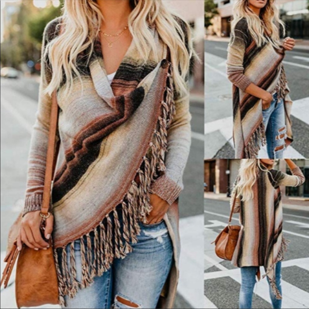 New! Boho Aztec knit sweater/shawl with fringes - Picture 7 of 7